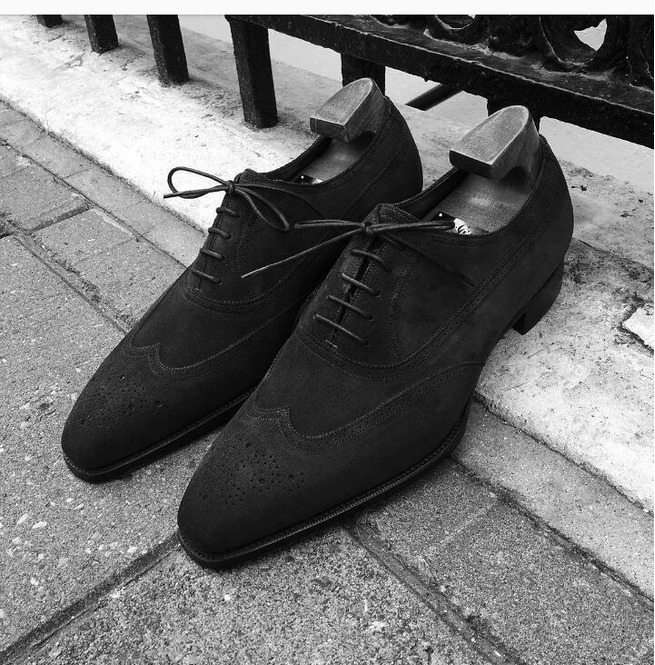 Handmade Men Black Suede Wingtip Shoes 