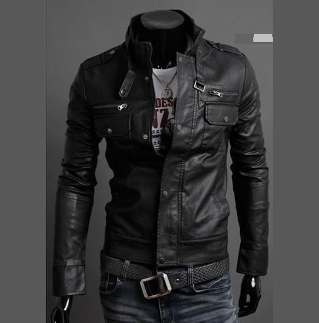 Men Stand Collar Leather Jacket, Black Jacket's Biker Leather Jackets ...