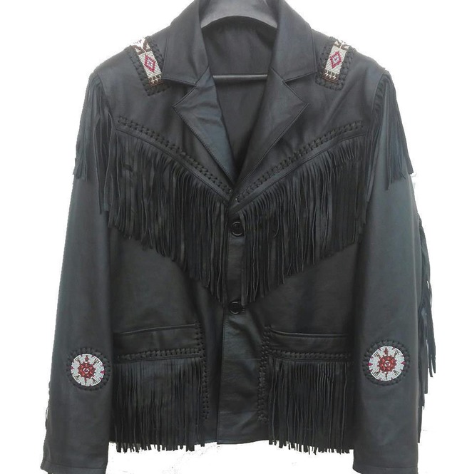 Men's Western Culture Cowboy Leather Jacket Beads Patches Black Fringes ...