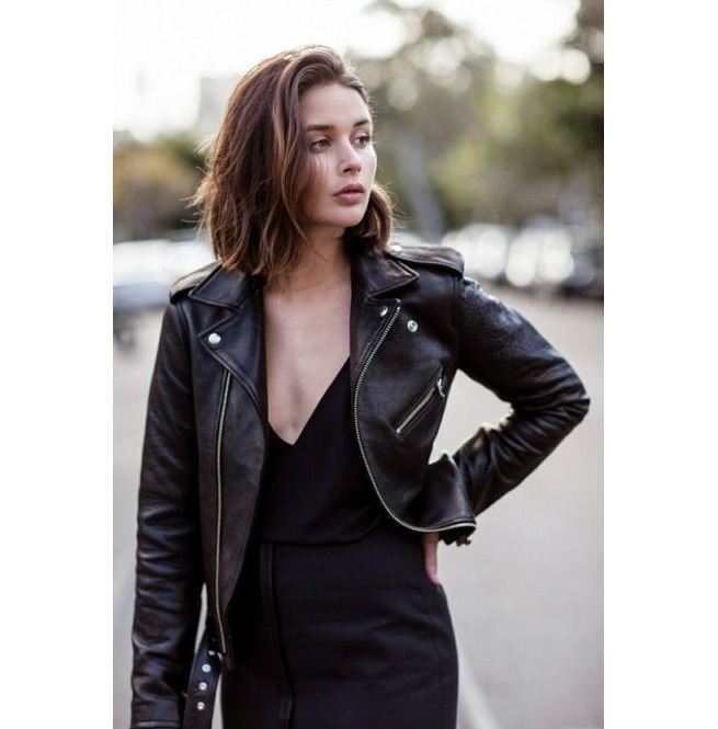 Women’s Black Printed Leather Biker Jacket