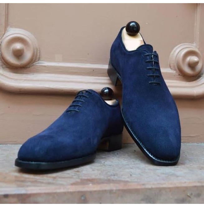 Handmade Men Blue Lace Up Round Toe Dress Shoes, Real Suede Business ...