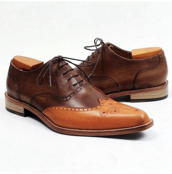 Handmade Men Tan & Brown Leather Shoes,Wingtip Brogue Dress Shoes ...