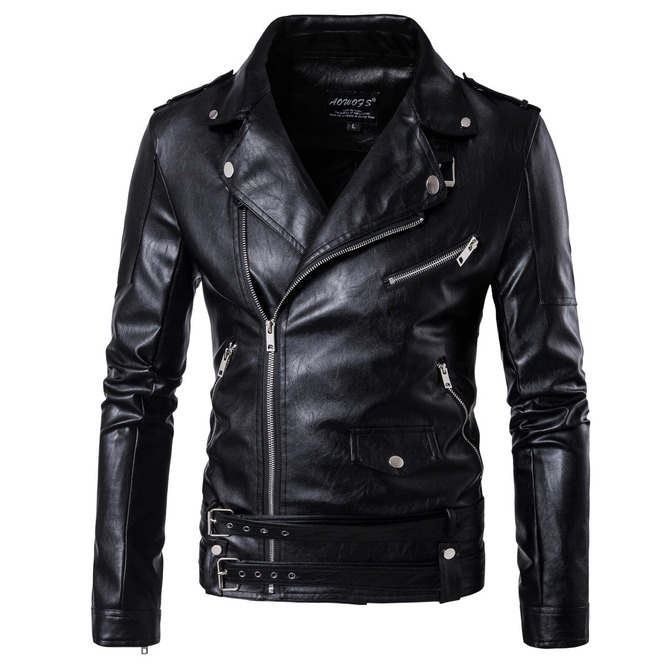 Men's Punk Belted Design Slim Fitted Faux Leather Zipper Biker Jacket ...