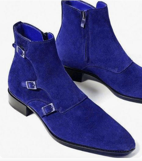 Men’s Blue Jodhpur Triple Monk Strap Dress Office Boots, Real Suede ...