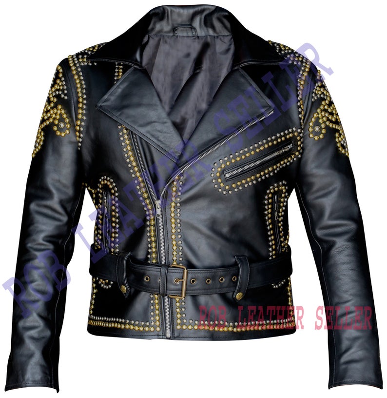 Men Black Brando Belted Leather Jacket Golden Studded Leather Brando ...