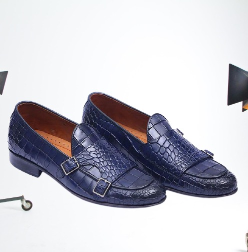 Handmade Men Blue Crocodile Textured Leather Moccasin Dress Shoes for Men,  Men Blue Formal Dress Shoes