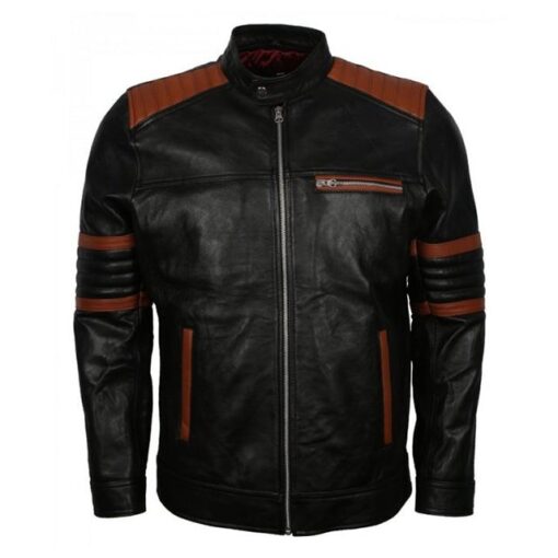 Men Black Leather Jacket with Brown Strips, Trendy Men Retro Biker ...